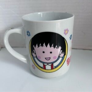 Vintage Chibi Maruko-Chan ceramic Mug with Floral Accents and hot air balloon